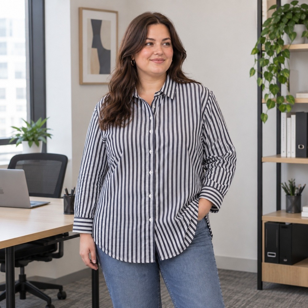 Quince Poplin Shirt Womens Organic Cotton Hudson Stripe Navy White XL
